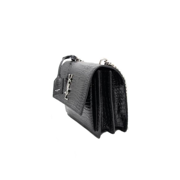 Saint Laurent Chain Sunset In Black Silver Hardware (7238)Crocodile-embossed Bag - Picture 3 of 12